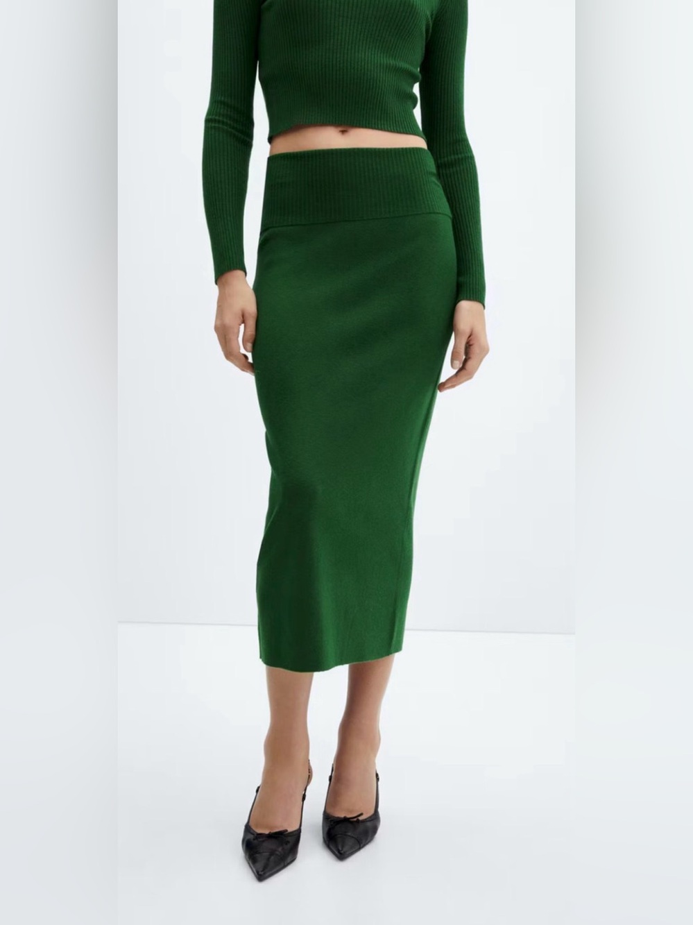 NEW MANGO MNG GREEN LONG KNITTED KNIT SWEATER FOLD OVER WAIST MIDI SKIRT SZ M